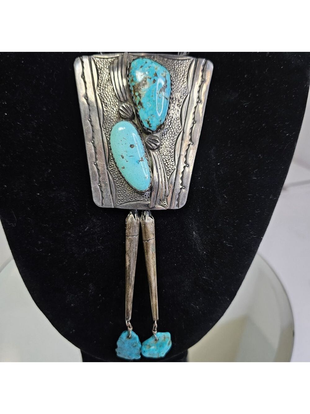 Navajo Turquoise And Sterling Native American Bolo SIGNED. Large, Bold, Proud.